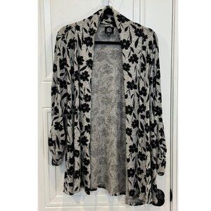 Bobeau Grey Open Front Cardigan with Black Floral Print Soft Cozy EUC 2xl Work